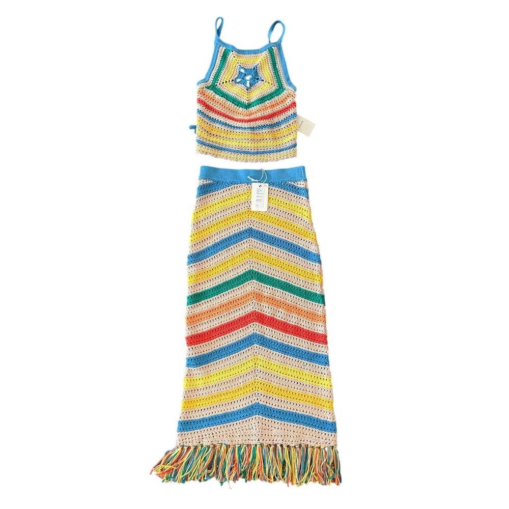 Mother Candy Stripe Cinch Tank Halter Top Fringe Midi Skirt Set size S NEW Tags
